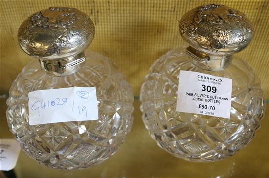 Pair silver & cut glass scent bottles